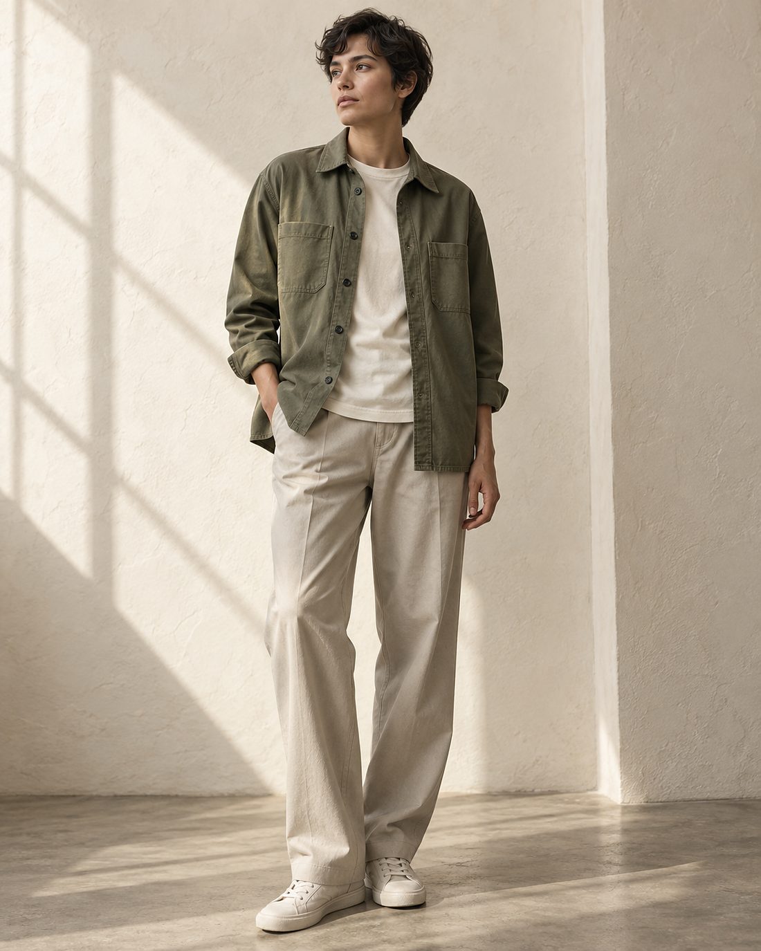A person wearing the olive Studio Overshirt open over a bone Essential Tee with stone Relaxed Trousers, standing in sunlight against a pale plaster wall.