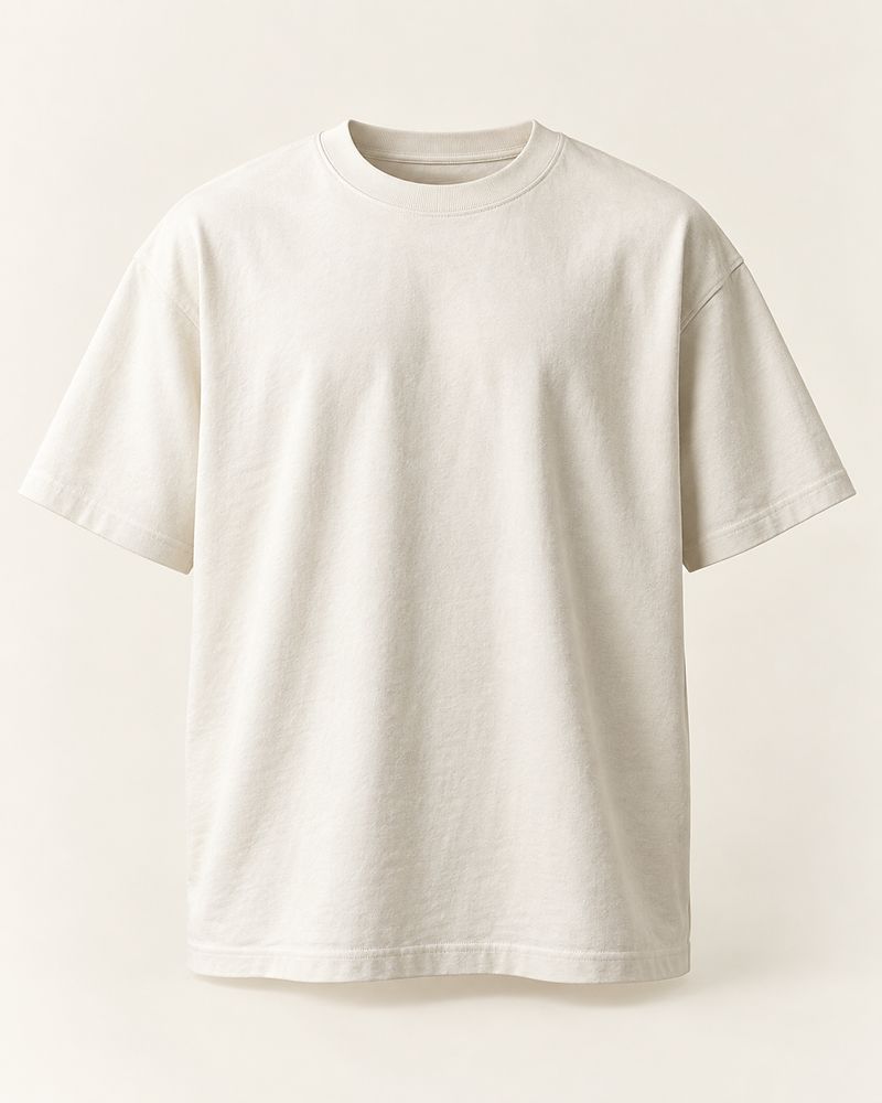 The Essential Tee in bone, photographed flat on a warm ivory background.