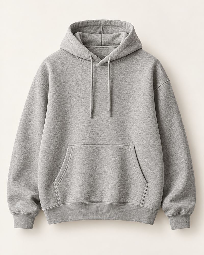 The Everyday Hoodie in heather grey, photographed flat with the hood spread and drawcords centered.