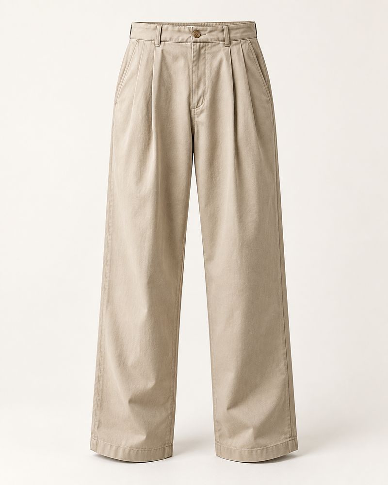 The Relaxed Trouser in stone, photographed flat with a pleated front and wide legs.