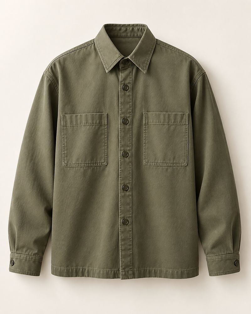 The Studio Overshirt in olive, photographed flat with a point collar and two chest pockets.